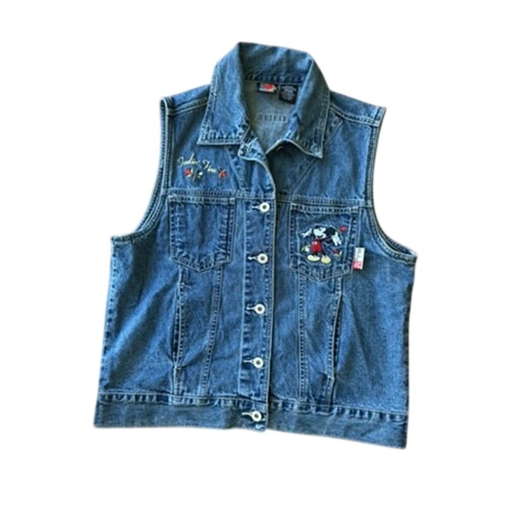 VTG 90s Mickey Unlimited Disney Denim Vest Embroidered Feelin Fine Roses Medium